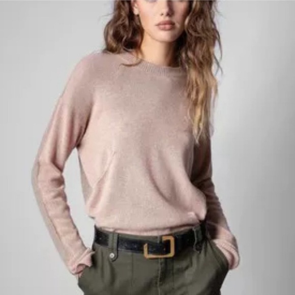 Zadig & Voltaire Gaby C 100% Cashmere Two-Tone Crew Sweater Peach Tan Size Small - Picture 1 of 5